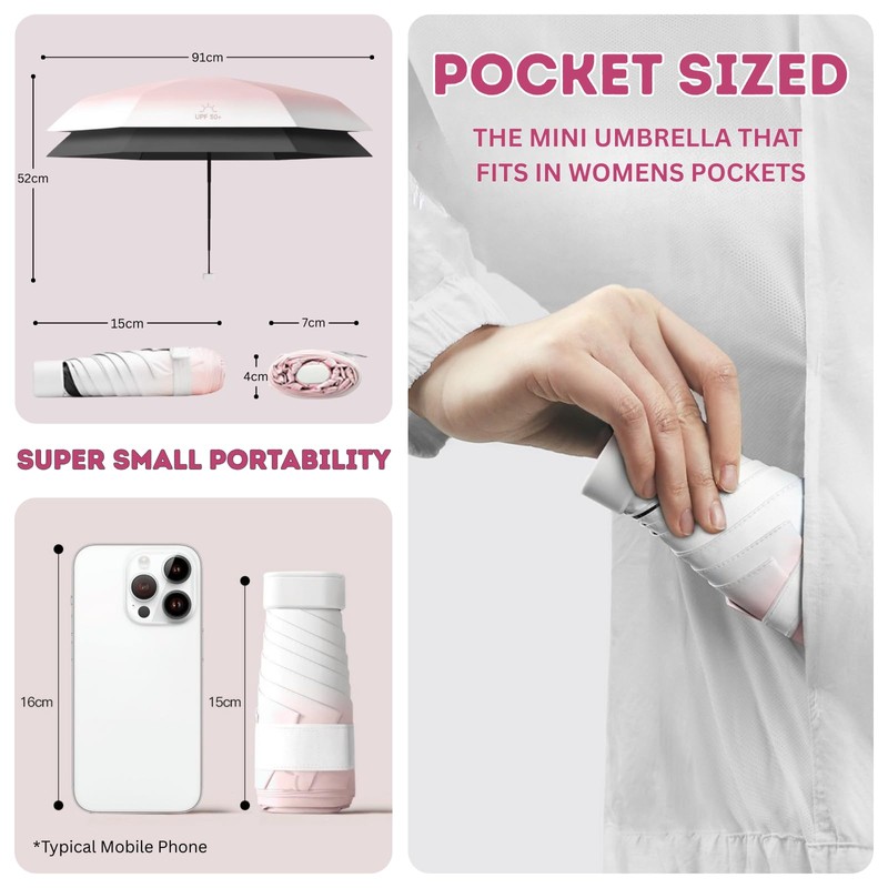 Pocket Mini Umbrella 6-Rib Frame Micro Palm Size, Travel Compact