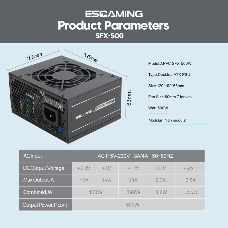 SFX 500W Power Supply, ESGAMING Mini ITX Micro ATX Solution