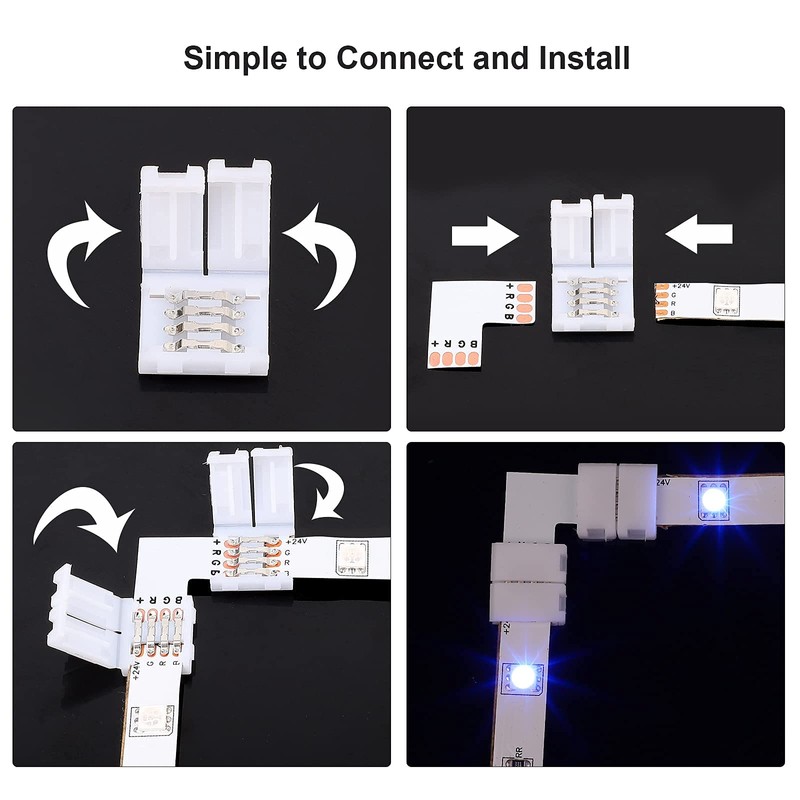 SUPERNIGHT 4Pin LED Light Connectors, 10mm Wide Right Angle Corner