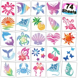 CHARLENT Glittering Temporary Tattoos for Aloha Party Decoration - 74 Individual Sheets Glitter Summer Tattoos for Children and Women, Hawaiian Party Gifts