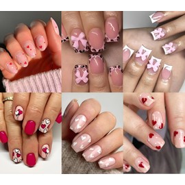 6 Packs (144Pcs) Heart Press on Nails Short Valentine's Day Fake Nail with Bow Heart Design Glossy False Nails Acrylic Nails Square Nail Press ons Full Cover Stick on Nails Glue on Nails for Women