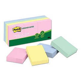 Post-it Greener Notes Products - Post-it Greener Notes - Recycled Notes, 1-1/2 x 2, Four Pastel Colors, 12 100-Sheet Pads/Pack - Sold As 1 Pack - Self-stick removable pads are great for quickly jotting down important messages.