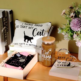 Croknit Cat Gifts for Women Cat Mom Gifts for Cat Lovers Cat Themed Gifts Basket with Cosmetic Bag Socks Keychain 16 oz Coffee Glass Gifts Birthday Gifts for Her Women Birthday Christmas Friends