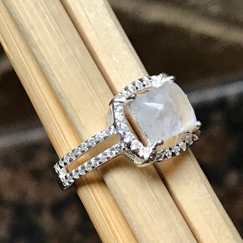 Natural Rainbow Moonstone 925 Solid Sterling Silver Engagement Ring Size