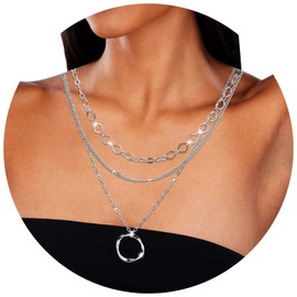 Witwatia Sliver Layered Necklaces for Women, Sterling Silver Dainty Stackable Choker Necklaces for Her, Cuban Paperclip Chain Necklace Set Jewelry Gifts, Trendy Pendant Layering Circle Long Necklace