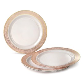 " OCCASIONS " 150pcs set (25 Guests)-Wedding Party Disposable Plastic Plates & cutlery 10'', 7.5'' + Silverware w/double fork (Venice in White/Blush/Peach & Gold)