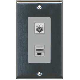 RiteAV - 1 Port Coax Port Cable TV F Type - 1 Port Cat5e Ethernet Decorative Wall Plate - Stainless Steel/Gray - Bracket Included