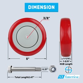 SY America 5" Shopping Cart Replacement Wheels Kit, Dual Precision Bearings，Polyurethane Shopping Cart Wheel Set of 4，Load Capacity 1400 lbs(3/8"Bore,Red)