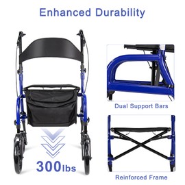 4 Wheel Rollator Walker with Seat for Seniors, Steel Foldable Rolling Walker, 300 lb, 8"/10"Wheels, Height and Handles Adjustable, Walker for Mobility Impaired, Blue