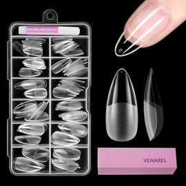 Venares Nail Tips Set, 120 Pieces Tips for Gel Nails, 12 Sizes, Almond Shape, Short, Nail Tips Set with Glue, Nails Buffer Block, Artificial Nails Short Clear