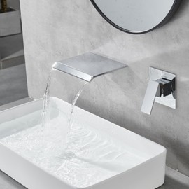 DASAN Wall Mount Waterfall Bathroom Faucet Polished Chrome in Wall Sink Faucet, Single Handle Wall Mounted Modern Faucet for Bathroom with Upgraded Rough in Valve, DA-TFD3CH-NH