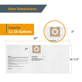 POWERTEC 75002V Filter Bags for Ridgid VF3502 12-16 Gal Wet Dry Vacuum, 2PK
