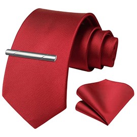 HISDERN Men's Wedding Ties and Pocket Square Tie Clip Set, red