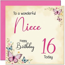 16th Niece Birthday Card - Beautiful Butterfly Floral Nieces Birthday Card for 16 Year old teenage Kids sixteen sixteenth