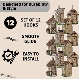 Park Designs Outhouse Shower Curtain Hooks | Decorative Rustic Bathroom Curtain Hook Set of 12 | Hand-Painted Resin with Vintage Country Charm | Farmhouse Bath Accessory for Themed Décor | Durable &