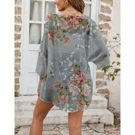 Heynino Women's Floral Print Casual Kimono Cover up Sheer Loose Blouse Tops Grey 3XL