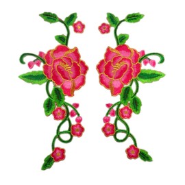 1 Pair Blooming Peony Flower in Green Vines with Gold Trimming Embroidered Patches Sew Iron on Appliques for Outfit Decor-Rose