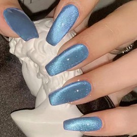 GlamRays Pack of 24 Long Coffin Nails Coffin Shape False Nails Blue False Nails with Melbourne Cat Eyes Gloss Designs Acrylic Nails