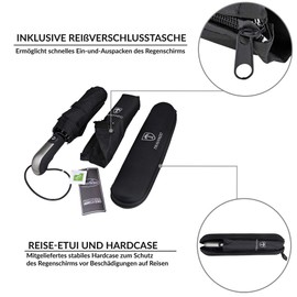 TRAVANDO ® Automatic Umbrella - Stormproof up to 150 km/h - Includes Umbrella Bag & Travel Case - Teflon Coating - Fibreglass Reinforced - Single Button - Up to 2 People - Small, Lightweight,