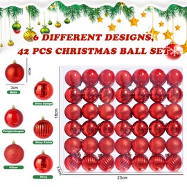 Pack of 42 Small Christmas Baubles Red 6 Different Design Plastic Christmas Tree Baubles 3 cm Mini Christmas Baubles Plastic Christmas Tree Baubles Christmas Tree Decoration Baubles