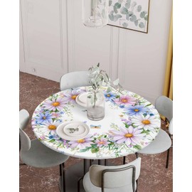 Spring Floral Fitted Tablecloth for Round Table, Colorful Daisy Flower Watercolor Table Cloth with Elastic Edged, Farmhouse Waterproof Wipeable Table Cloth for Kitchen Tabletop Decor 55x60 inches
