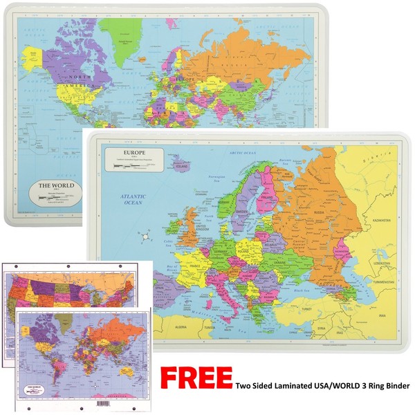 Painless Learning Educational Placemats for Kids Laminated World and Europe