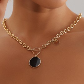 Enautoabs Boho Round Onyx Pendant Necklace Black Disc Necklace Choker Chunky Gold Cable Chain Necklace with Toggle Clasp Disc Coin Necklace Jewellery for Women, Zinc, No Gemstone