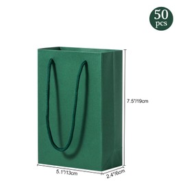 Umoofine Small Dark Green Gift Bag 50 Pack, 5x2x7.5 Inches Deep Kraft Gift Bags with Ribbon Handles, Reusable Heavy Duty Kraft Deep Green Paper Bags Bulk for Shopping, Wedding, Party, Gift