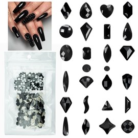Black Nail Rhinestones 120 Multi Shapes Flatback Jet Black Crystals Gems +SS10 SS16 Round Beads K9 Glass Stones Diamonds Jewels Nail Art Supplies Nail Charms Decor for Nails Faces Eyes Makeup Crafts