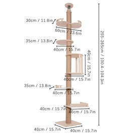 Wooden Floor-to-Ceiling Cat Tree Tower (Adjustable Height: 100.4" - 104.3") Modern Activity Center Cat Climbing Tower with Natural Sisal Rope Scratching Post for Indoor Large Cats & Kitten, Wood Color
