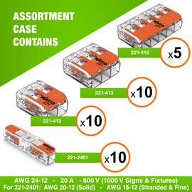 WAGO 221 Series 90pc Compact Splicing Wire Connectors | Includes (25x 221-2401), (25x 221-412), (25x 221-413), (15x 221-415) | WAGO Wire Connectors | 221 Straight Inline Splice | Electrical Lever Nuts