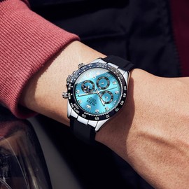 OLEVS Watches for Men Chronograph Analog Waterproof Watch Moon Phase Silicone Diamond Multifunction Luminous Wrist Watches Blue