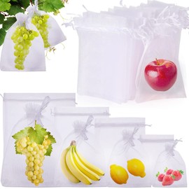 Irenare Fruit Protection Netting Bags with Drawstring White Organza Fruit Cover Mesh Bags for Plant Vegetable Flower Trees(60 Pcs,6'' x 8'')