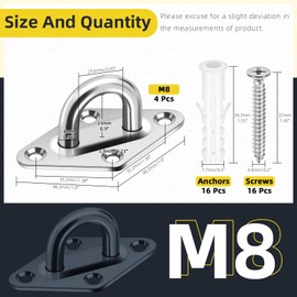 Mardatt 4 Pack M8 304 Stainless Steel Pad Eye Plate U Hooks, Marine Hardware Hooks with Screws Anchor, Heavy Duty Ceiling Hook Pad Eyes Plate, Silver