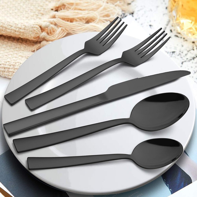 LIANYU 20-Piece Black Silverware Set with Tray, Stainless Steel Square