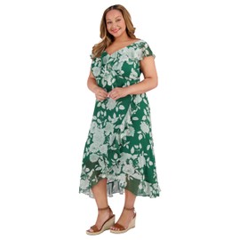 London Times Women's Dresses Chiffon Faux Wrap Ruffle Maxi Dress Guest of Wedding, Forest Green/Soft White, 24