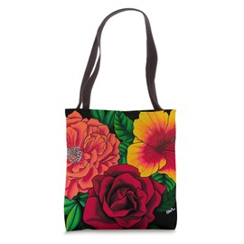 Pink Peony Yellow Hibiscus Red Rose Tropical Design Flowers Tote Bag