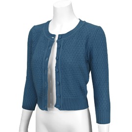 YEMAK Cárdigan corto para mujer, manga 3/4, cuello redondo, básico, casual, con botones, suave, tela de ganchillo (S-3XL), Mk3514-verde azulado Azul, S