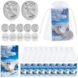 30 Pieces Inspirational Pocket Angel Set Memorial Angel Sign Coins Faith Love Family Hope Courage Angel Charm Peace Dove Sign Poem Cards White Organza Bag Favors Pocket Token Gifts for Family Friend…