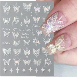 Butterfly Nail Art Stickers Decals 3D Holographic Black Pink Butterfly Nail Stickers Laser Butterfly Nails Luxury Design Adhesive Nail Decals Butterfly Stickers for Nails Manicure Decorations Supplies