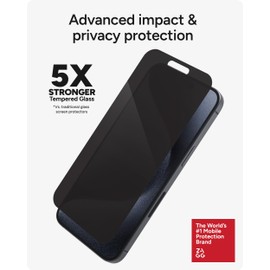 ZAGG Glass Elite Privacy iPhone 15 Pro Max Screen Protector - 5X Stronger with Reinforced Edges, 2-Way Privacy Filter, Scratch & Smudge-Resistant Surface, InvisibleShield, Easy to Install
