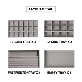 Frebeauty Jewelry Organizer Tray,Stackable Velvet Jewelry Trays,Drawer Inserts Earring Organizer For Women Jewelry Storage Display Case for Rings Stud Necklaces,Set of 9(Grey)
