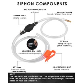 KATUMO Siphon Pump, Upgraded 15MM Enlarged Caliber Gasoline Siphon Hose Siphon Fuel Hand Pump for Gasoline, Oil, Diesel & Water with Hoses, Pinch Clips, Hose Retainer, Brass Extender