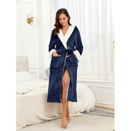 RONGTAI Women's Fleece Hooded Bathrobe Soft Plush Long Spa Robe Lightweight Fluffy Cozy Shower Bathrobe (XL, Navy)