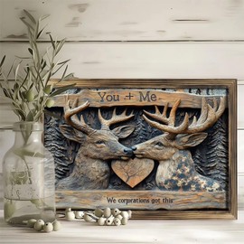 Rustic Long Wooden Framed Art " Carved Deer Heads Wooden Plaque Rustic Decor " Farmhouse Style Wall Decor Sign for Tabletop Or Hanging - Durable Handcrafted Wood Print - Home & Office Decoration