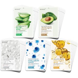 EUNYUL Paquete De 50 Paquete De Mascarilla De Hoja Natural 5 Tipos X 10 Set/Aloe, Colágeno, Perla, Hialuron, Aguacate