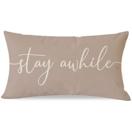 PANDICORN Modern Farmhouse Pillow Covers 12x20 with Words Stay Awhile Cozy Relax Pillow Cover Sayings Beige Rustic Outdoor Decorations Lumbar Throw Pillows Case for Home Guest Room Couch Porch Decor