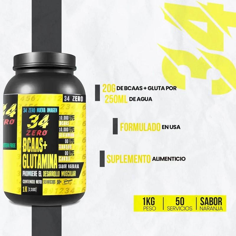 Aminoácidos Bcaas Glutamina 34 Zero 1kg Sabores Naranja