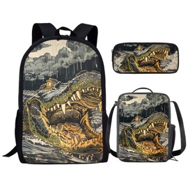 Parprinty 17 Inch Animal Print School Backpack And Lunch Box Set for Kids Lightweight Angry Alligator Backpack for Boys Girls Sturdy School Bag with Insulated Lunchbox Pencil Case Student Bookbag