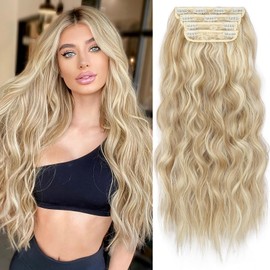 KooKaStyle Beach Blonde Hair Extensions Clip in Synthetic Highlight Hair Extensions Long Wavy 4PCS Thick Hairpieces 24 Inch Beach Blonde for Women